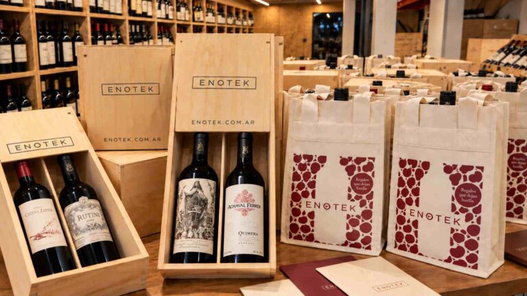 Regalos corporativos de Enotek con vinos argentinos, cajas de madera y bolsas de friselina en el local de Enotek.