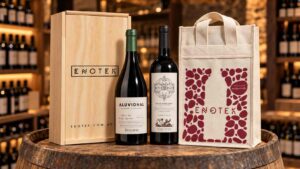 Regalos corporativos de Enotek con vinos Gran Enemigo Gualtallary y Zuccardi Aluvional, caja de madera y bolsa de regalo.