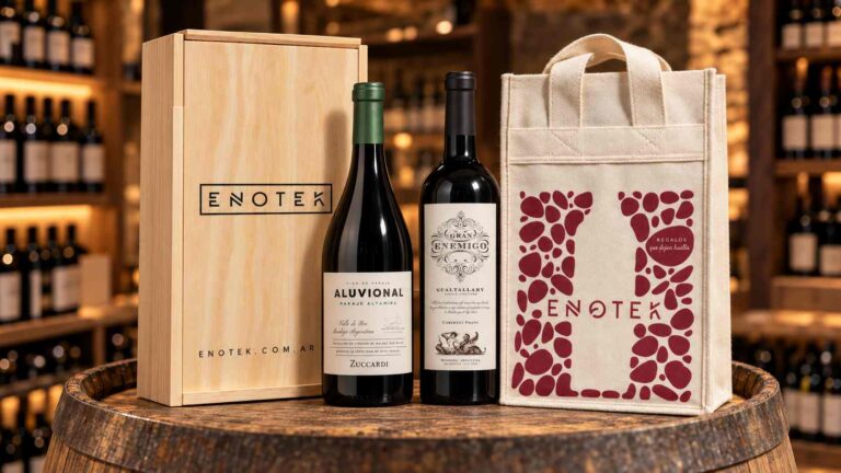 Regalos corporativos de Enotek con vinos Gran Enemigo Gualtallary y Zuccardi Aluvional, caja de madera y bolsa de regalo.