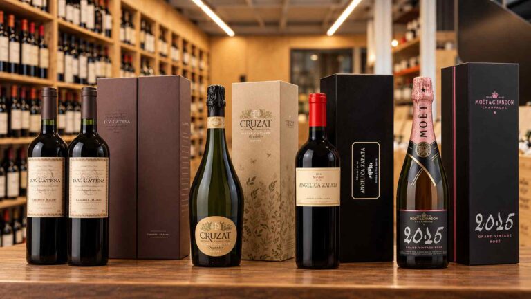 Vinos y espumantes con estuches para regalos corporativos en Enotek: D.V. Catena, Angélica Zapata, Cruzat y Moët & Chandon.