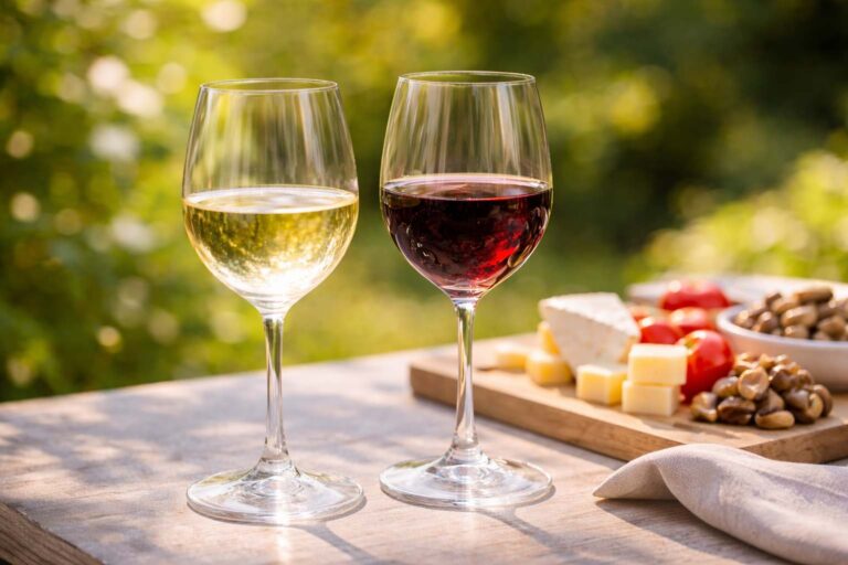 Copas de vino blanco y tinto en una mesa simple, representando vinos frescos y gastronómicos