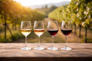 Copas de vino blanco y tinto que representan la frescura y elegancia del vino argentino