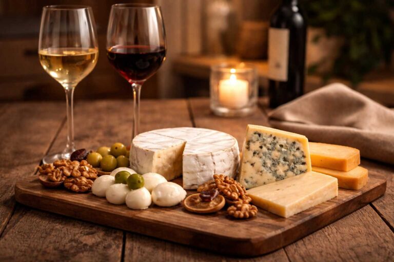 Tabla de quesos variados con copas de vino en casa para maridaje de vinos y quesos