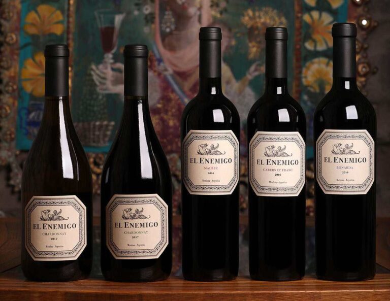 Botellas de vinos El Enemigo de Bodega Aleanna, Malbec, Cabernet Franc, Bonarda y Chardonnay
