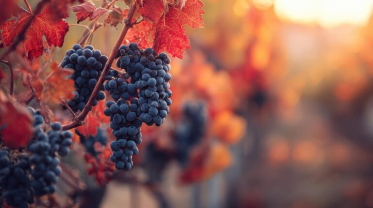 Racimo de uvas Malbec en viñedo durante el otoño, representando la producción de vinos de edición limitada y pequeña escala
