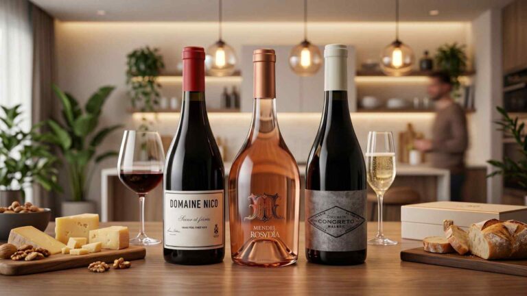 Tres botellas de vino premium dispuestas sobre una mesa de madera en una cocina moderna y cálida. De izquierda a derecha: un tinto Domaine Nico (Pinot Noir), un rosado Mendel Rosadía y un tinto Zuccardi Concreto (Malbec). Alrededor hay copas de vino, una tabla con quesos y nueces, y pan artesanal, creando un ambiente sofisticado de degustación.
