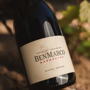 Botella de vino tinto BenMarco Expresivo, originario de Gualtallary, Valle de Uco, Mendoza, Argentina.