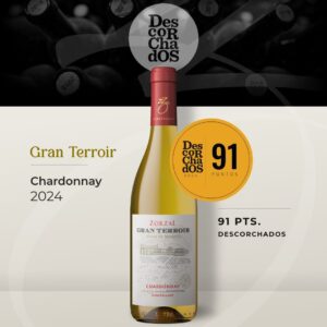 Imagen publicitaria del vino blanco Zorzal Gran Terroir Chardonnay 2024 de Gualtallary, destacando una calificación de 91 puntos en la guía Descorchados.