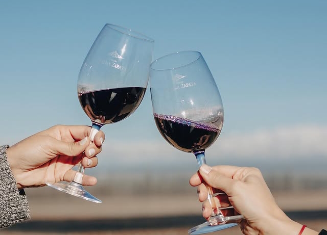 Dos copas de vino tinto brindando frente a viñedos de altura de Catena Zapata en Mendoza.