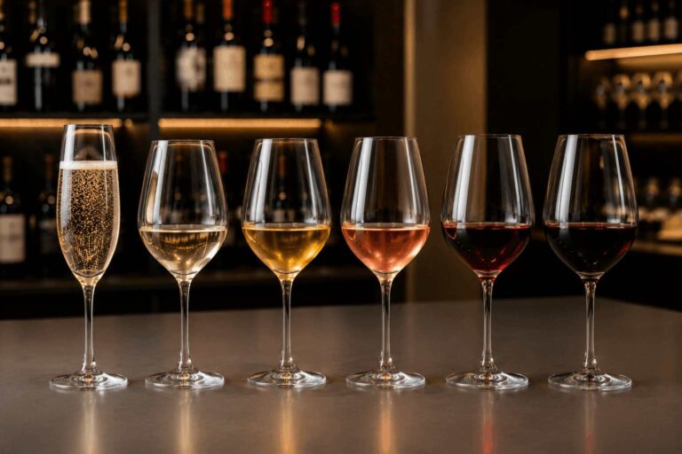 Diferentes estilos de vino servidos en sus copas, desde espumante hasta tintos, a distintas temperaturas de servicio.