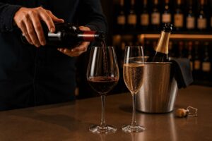 Vino tinto servido en copa junto a una copa de espumante y una botella en frapera, ilustrando la importancia de la temperatura de servicio en distintos estilos de vino.