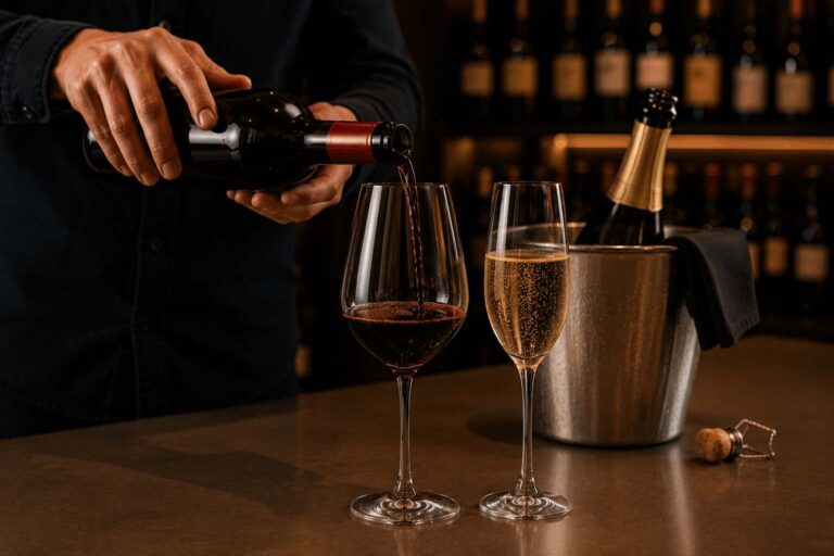 Vino tinto servido en copa junto a una copa de espumante y una botella en frapera, ilustrando la importancia de la temperatura de servicio en distintos estilos de vino.