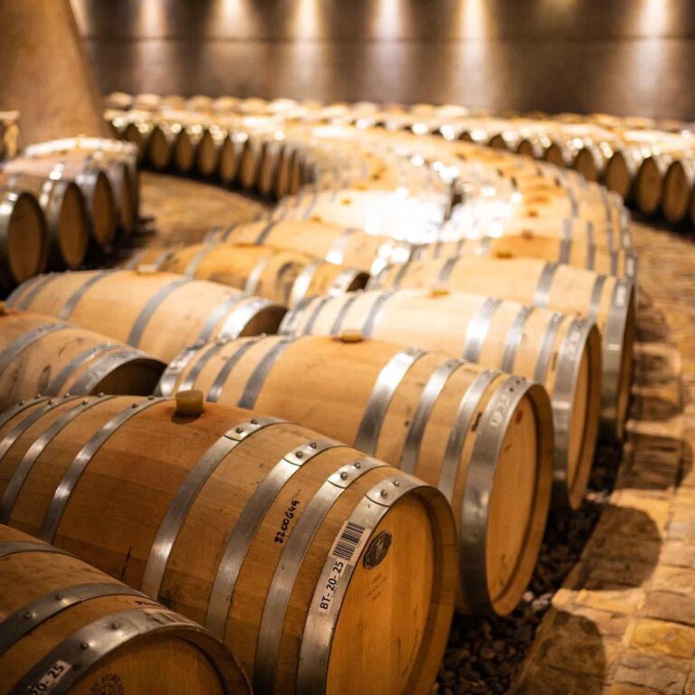 Sala de barricas de roble en Bodega Catena Zapata, donde los vinos realizan su proceso de crianza.