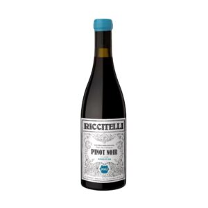 Botella de vino tinto Riccitelli Old Vines Pinot Noir 2022 de Río Negro, Patagonia, con lacre celeste en el pico sobre fondo blanco.