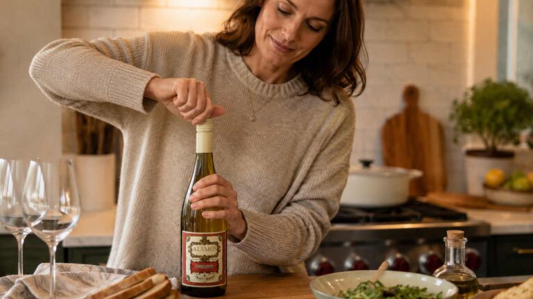 Persona abriendo una botella de Chardonnay en una cocina, junto a copas de vino.