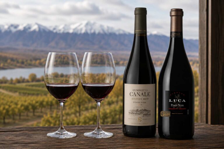 Dos copas de vino tinto junto a botellas de Pinot Noir de Patagonia y Valle de Uco, con viñedos y montañas de fondo.