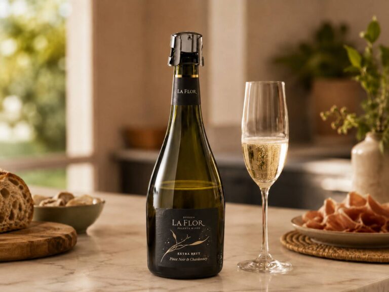 Botella de espumante La Flor Extra Brut con tapón especial para espumantes y copa servida.