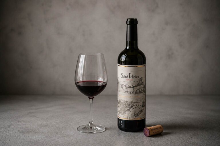 Botella de vino Saint Felicien Malbec abierta junto a una copa sobre una mesa.