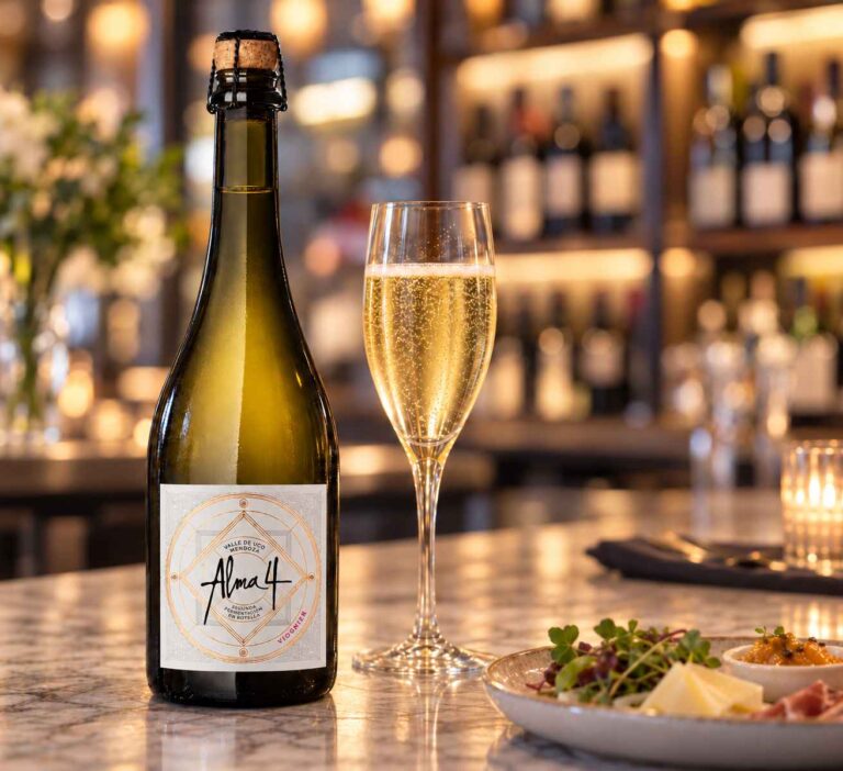 Botella de Alma 4 Viognier, espumante argentino elaborado por método tradicional, junto a una copa de espumante dorado en una barra de vinos.