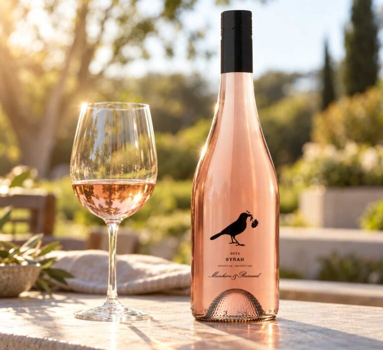 Botella de Santa Julia El Zorrito Naranjo, elaborado con Chardonnay, sobre una mesa de madera al aire libre, con una copa de vino naranjo en primer plano.
