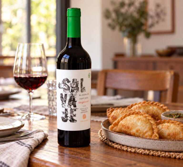 Botella de El Salvaje Pinot Noir Orgánico de Casa de Uco, junto a una copa de vino tinto y empanadas fritas sobre una mesa familiar.