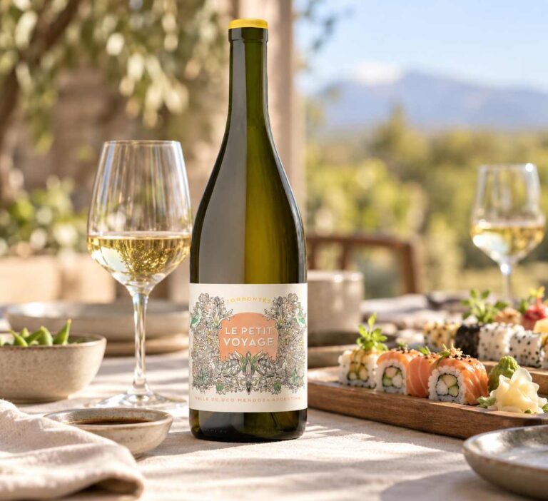 Botella de Le Petit Voyage Torrontés sobre una mesa al aire libre, acompañada de sushi y una copa de vino blanco en una escena diurna.