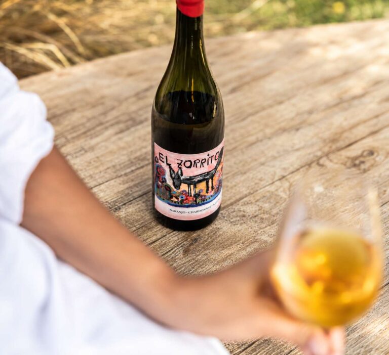 Botella de Santa Julia El Zorrito Naranjo, elaborado con Chardonnay, sobre una mesa de madera al aire libre, con una copa de vino naranjo en primer plano.