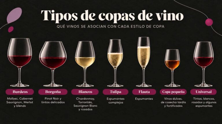Infografía de siete tipos de copas de vino: Burdeos, Borgoña, blancos, tulipa, flauta, copa pequeña y universal, con los vinos recomendados para cada una.