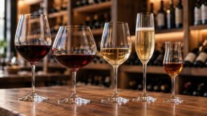 Cinco tipos de copas de vino con tintos, blanco, espumante y vino de postre sobre una mesa de madera, con una bodega de fondo.