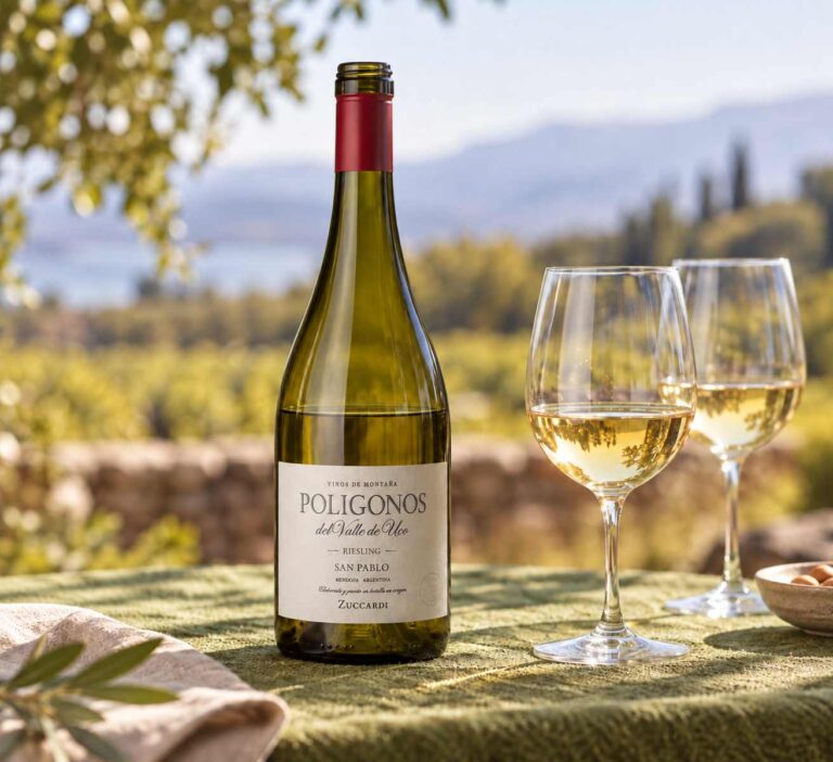 Botella abierta de Zuccardi Polígonos San Pablo Riesling, vino blanco del Valle de Uco, junto a dos copas servidas sobre una mesa al aire libre.